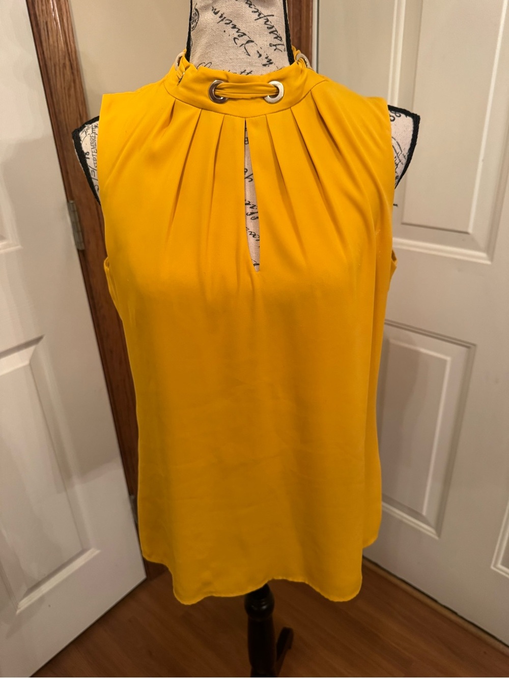 WHBM Sleeveless Mustard Keyhole Mock Neck Top Tie Back and Silver Tone Detail